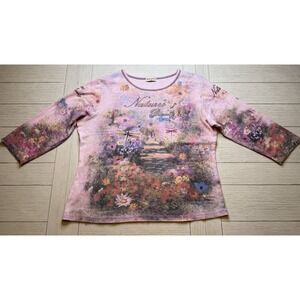 Studio Gem VTG Y2K 3/4 Sleeve L Crewneck Pink Top Fairy Dragonfly Natures Beauty